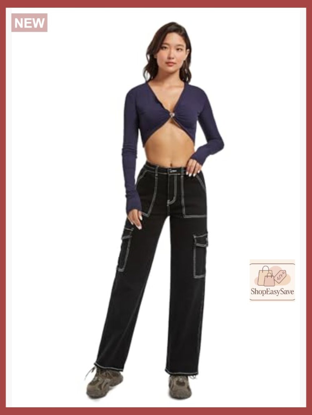 High Waisted Stretch Straight Leg Cargo Pants with Pockets Trendy Trousers - Picture 5 of 5